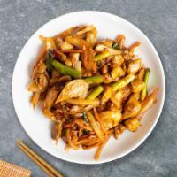 Powahh Kung Pao Chicken · Chicken stir-fried with celery, broccoli, snow peas, white mushrooms, bamboo, carrots, water...