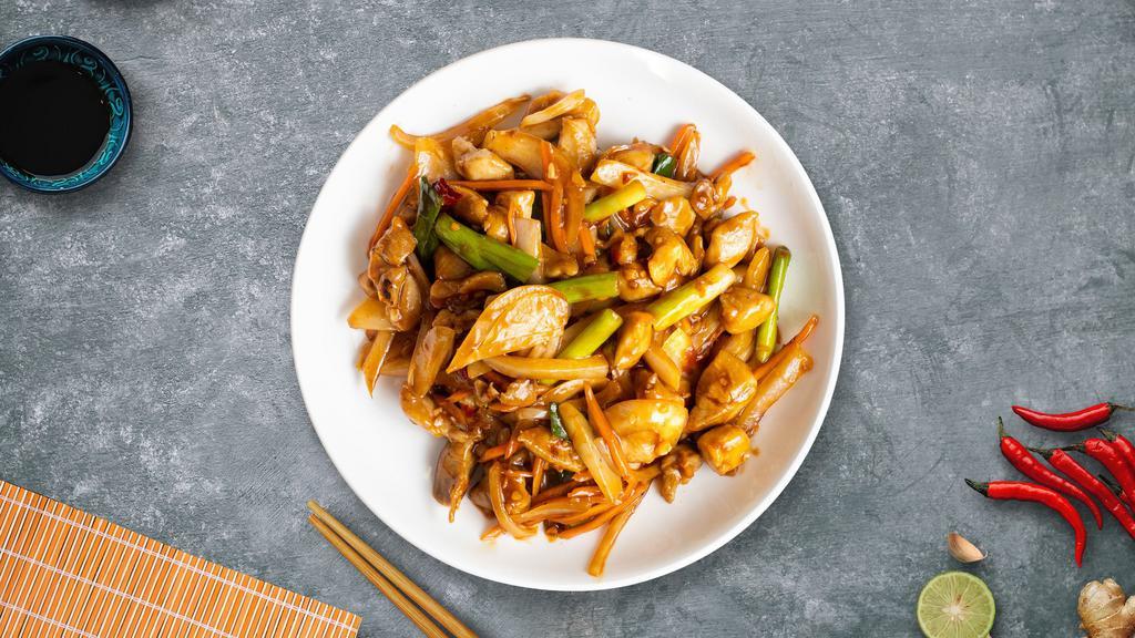 Powahh Kung Pao Chicken · Chicken stir-fried with celery, broccoli, snow peas, white mushrooms, bamboo, carrots, water chestnuts, peanuts, and chili pepper