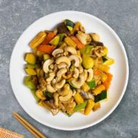 Cluckin' Cashew Me What You Got · Chicken stir-fried with celery, broccoli, snow peas, white mushrooms, carrots, water chestnu...
