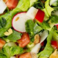 Fattoush Salad · Classic Mid East salad with lettuce, tomatoes, cucumbers, radishes, and fried pieces of pita...