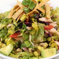 Taco Salad · Romaine Lettuce, Cabbage, Chicken, Avocado, Tomatoes, Black Beans, Scallions, Cilantro, Tort...