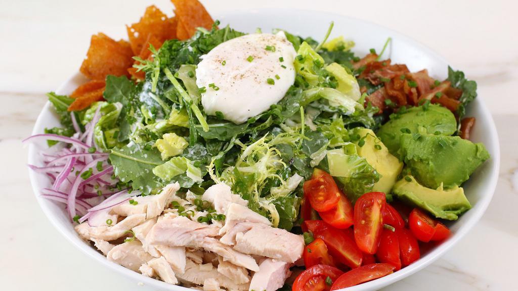 Cobb Salad · Romaine Lettuce, Frisee, Baby Kale, Chicken,
Bacon, Avocado, Pasture Raised Poached Egg,
Red Onion, Cherry Tomatoes, Dairy Free Ranch Dressing
