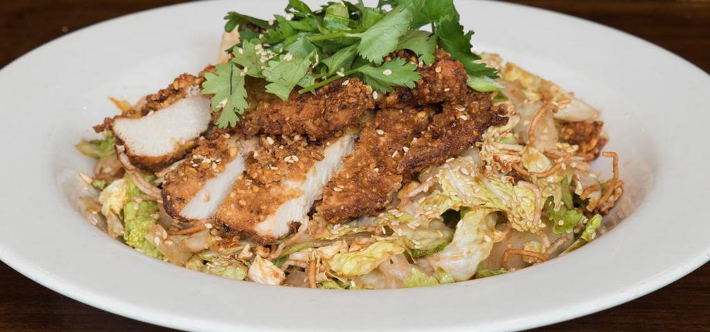 Guy’s Chinese Chicken Salad · Fried chicken breast, peanuts, rice noodles, Chinese noodles, and hoisin dressing, tossed with cilantro, green onions, and sesame seeds.