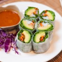 Avocado-Spring Rolls · Avocado,Rice noodles, bean sprouts lettuce and mint, wrapped in rice wrapper served with a d...
