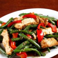 Garlic Green Beans & Tofu · Wok-tossed fresh green beans, tofu and red bell peppers in a delicious garlic sauce.