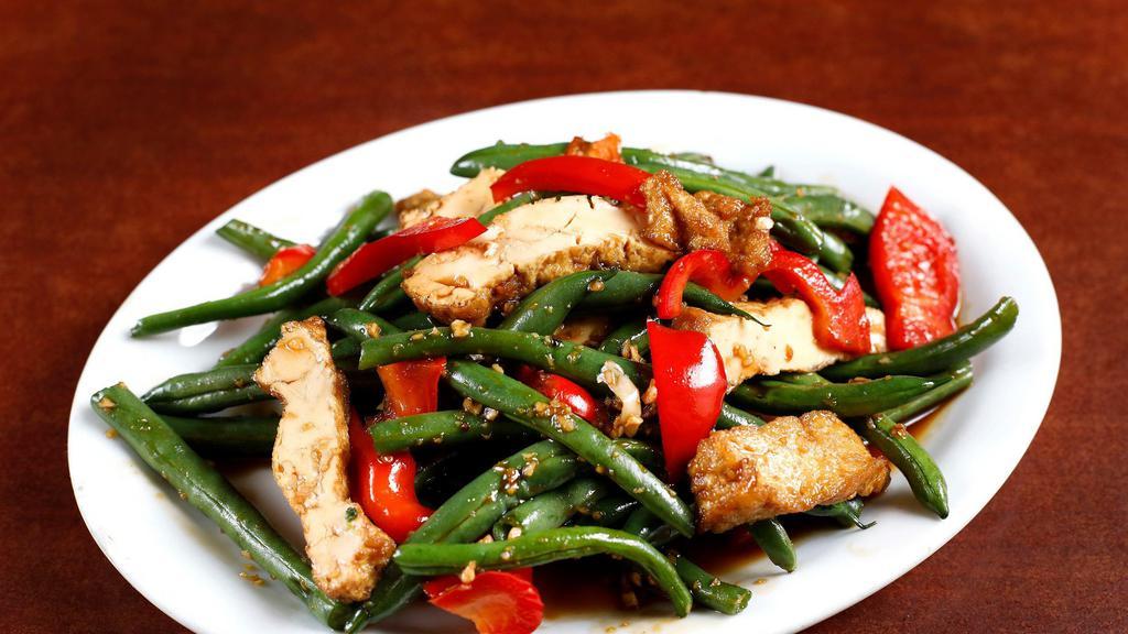 Garlic Green Beans & Tofu · Wok-tossed fresh green beans, tofu and red bell peppers in a delicious garlic sauce.