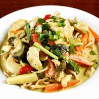 Burmese Coconut Curry Chicken · Chicken, zucchini, carrots, scallion, mushrooms and bell peppers. Tossed in our curry sauce ...