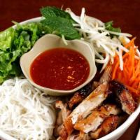 Vermicelli-Noodle Salad with Grilled Chicken · Vietnamese salad with teriyaki chicken, lettuce, carrots, cucumbers, fried shallots and pean...