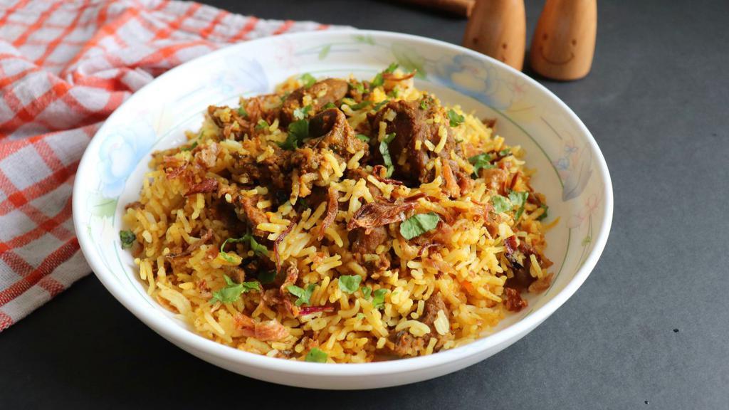 Goat Biryani · Goat and rices cooked along with Indian spices.