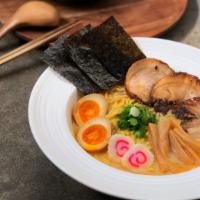 Naruto's Favorite · Sliced chashu pork, pickled egg, bamboo shoot, green onion, naruto fish cake, nori seaweed a...