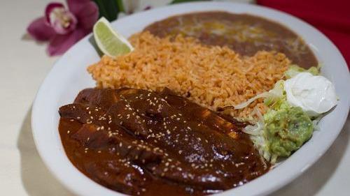Mole con Pollo · Chicken in a rich mole sauce. Served with rice, beans, and tortillas.