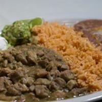 Chile Verde · Pork in our special tomatillo sauce. Served with rice, beans, and tortillas.