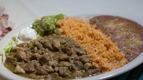 Chile Verde · Pork in our special tomatillo sauce. Served with rice, beans, and tortillas.