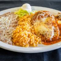 Chile Relleno · Two pieces. Pasilla pepper stuffed with cheese and topped with tomato sauce. Served with ric...