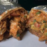 Super Burrito · Choice of meat, beans, rice, Monterey Jack cheese, lettuce, sour cream, guacamole, pico de g...