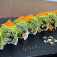 Dragon Roll (8 pcs) · Shrimp tempura, crab meat, cucumber, topped with avocado and unagi.