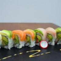 Rainbow Roll (8 pcs) · Avocado with crab meat, topped with assorted fish.