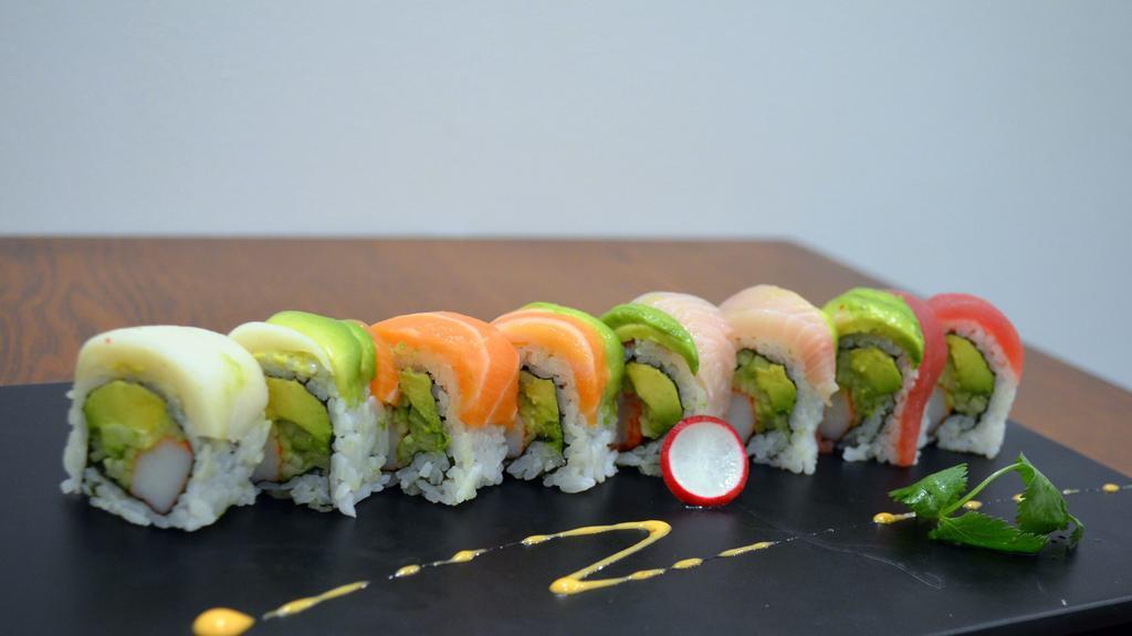 Rainbow · Crab, cucumber, and avocado top with tuna, salmon, yellowtail, striped bass, and avocado.