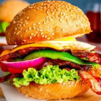 Bacon Cheeseburger · Angus beef pattie, crispy bacon, creamy cheese, lettuce, tomatoes, onions, mayo, and mustard...