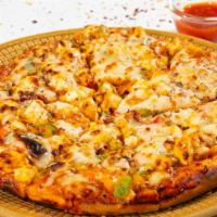 Spicy Paneer Indian Pizza · Creamy delicious tandoor garlic sauce with spicy paneer (tofu), six cheeses, bell peppers, r...