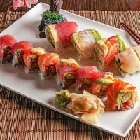 Rainbow Roll · California rolled, top with assorted raw fish, and avocado.