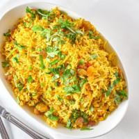 Vegetable Saffron Pilaf · Green peas, carrots, cumin seeds, turmeric with hint of spices and butter. Vegetarian.
