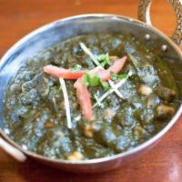 Chana Saag · Garbanzo beans with spinach, cooked in Indian spices.