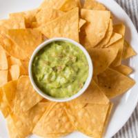 Guacamole and Basket of Chips · Guacamole and a basket of chips.