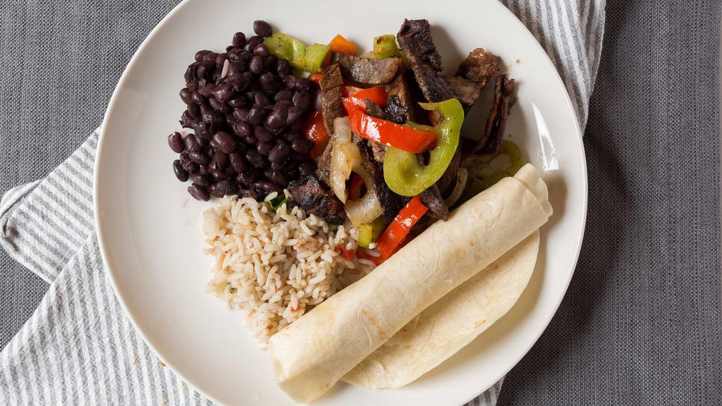 Flagstaff Fajitas · Sautéed chicken or steak, bell peppers and onions served with black beans, rice, sour cream and guacamole. Add salmon or shrimp for an additional charge.