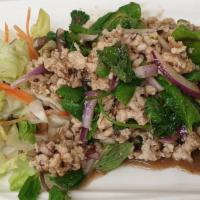 Larb Salad · Grounded chicken or pork, green onion, cilantro, mint, and roasted rice powder tossed in spi...