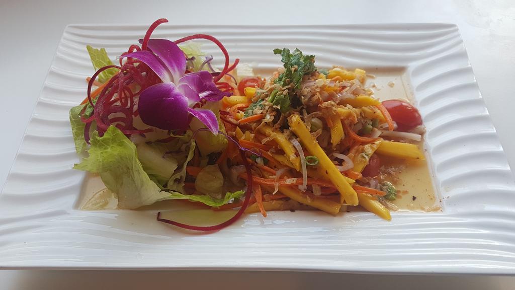 Mango Salad · Sliced Mango with red onion, carrot, cilantro, crunchy flake, coconut in spicy lime sauce