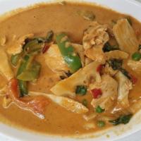 Red Curry · Choice of meat, bamboo shoot, bell pepper, and basil in red curry sauce. (without rice)