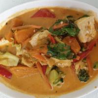 Pumpkin Curry · Choice of meat, pumpkin, bell pepper and basil in red curry sauce. (without rice)