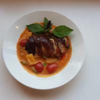 Roasted Duck Curry · Roasted duck in red curry sauce, fresh pineapple, tomato, bell pepper, and basil.  (without ...