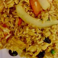 Pineapple Fried Rice for Vegetarian · Jasmine rice pan-fried with vegetables and fried tofu, egg, pineapple, peas, yellow onion, c...