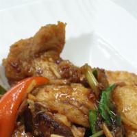 Spicy Catfish · Deep-fried catfish fillet and sautéed in chili paste with eggplant, bell pepper, wild ginger...