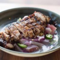 Sugba Kilaw · Tuna ceviche topped with grilled pork belly.