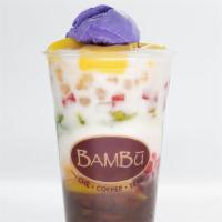 Bambu Halo Halo · Filipino  favorite Bambu Style served in a LARGE 24 oz Cup,  Red Beans, Red Tapioca, Pandan ...