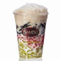 Bambu Favorite (Hat Luu Suong Sao Banh Lot) · Red tapioca, grass jelly, pandan jelly, coconut milk (250 Cal)