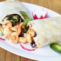 Steak & Prawns Seafood Burrito · With rice, beans and salsa. Make it super by adding cheese, guacamole, sour cream, lettuce a...