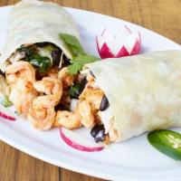 Prawns Seafood Burrito · With rice, beans and salsa. Make it super by adding cheese, guacamole, sour cream, lettuce a...