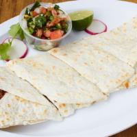 Super Quesadilla · With cheese, choice of meat, sour cream, lettuce, tomato and salsa. Make it super by adding ...