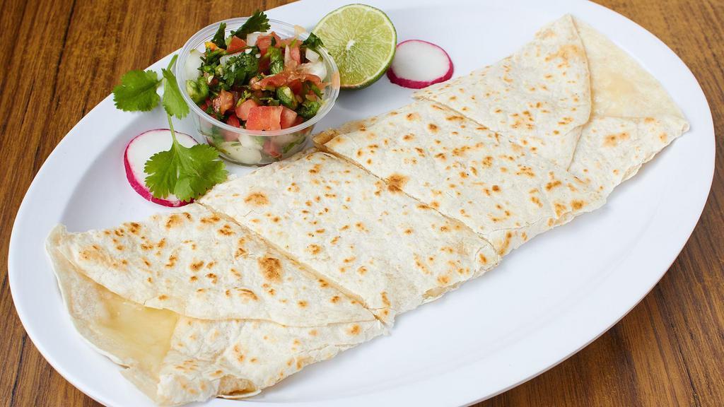 Prawn Quesadilla · With cheese and salsa. Make it super by adding cheese, guacamole, sour cream, lettuce and tomato; or make it a dinner by adding rice, beans, salad, and tortillas. `.