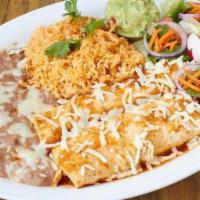 Enchiladas (2) · Vegetarian, gluten-free. Hand rolled with choice of meat or cheese and covered with enchilad...