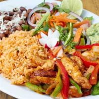 Hot & Spicy Prawns Seafood Dinner · Al chile de arbol with rice, beans, avocado salad and tortillas.