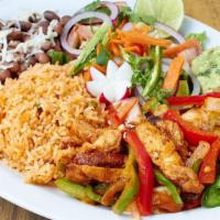 Chipotle Prawns Seafood Dinner · Camarones al chile chipotle with rice, beans, avocado salad and tortillas.