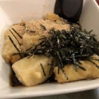 Agedashi Tofu · Deep fried tofu in soy sauce based dashi with bonito flake.