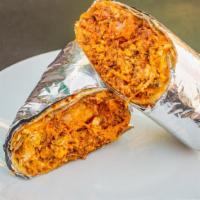 Burrito · Flour tortilla, scrambled eggs, Mexican blend cheese, mayo chipotle,tater tots, and choice o...
