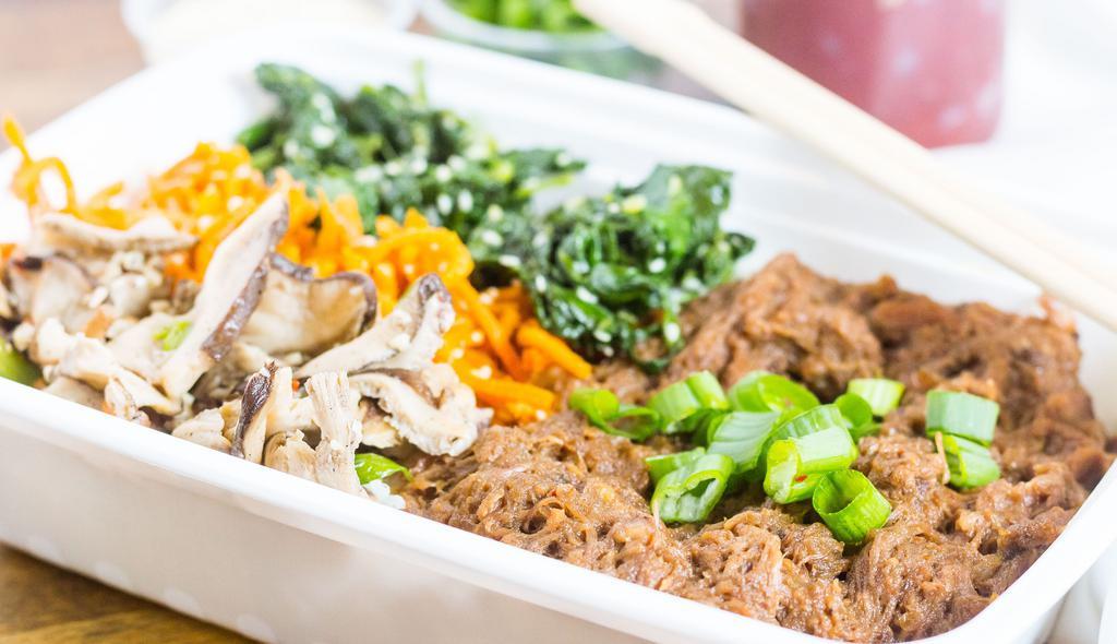 Braised Beef · ALL BASE Choices are GF &V (Gluten-Free and Vegan)                       
ALL  BANCHAN Choices are Gluten-Free
MOST BANCHAN Choices are Vegan except for Kimchi which contains Shrimp Paste, Vegan Kimchi is available.