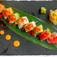 Rainbow Roll (6-8) · Six to eight pieces. Assorted raw fish and tobiko over California roll.
